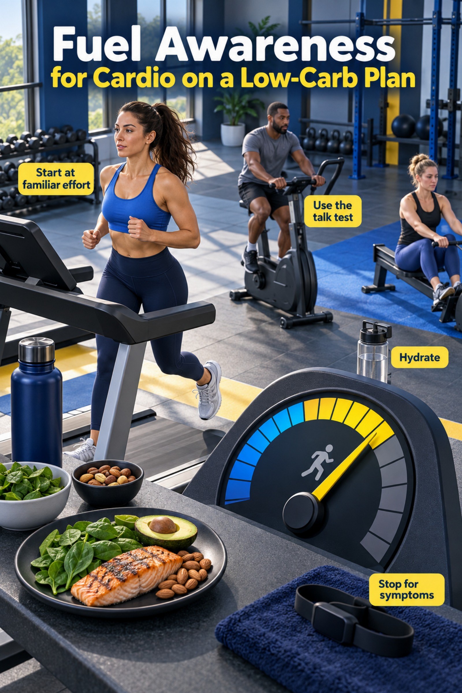 Cardio intensity dial beside low-carb meal components. The image supports Fuel Awareness for Cardio on a Low-Carb Plan.