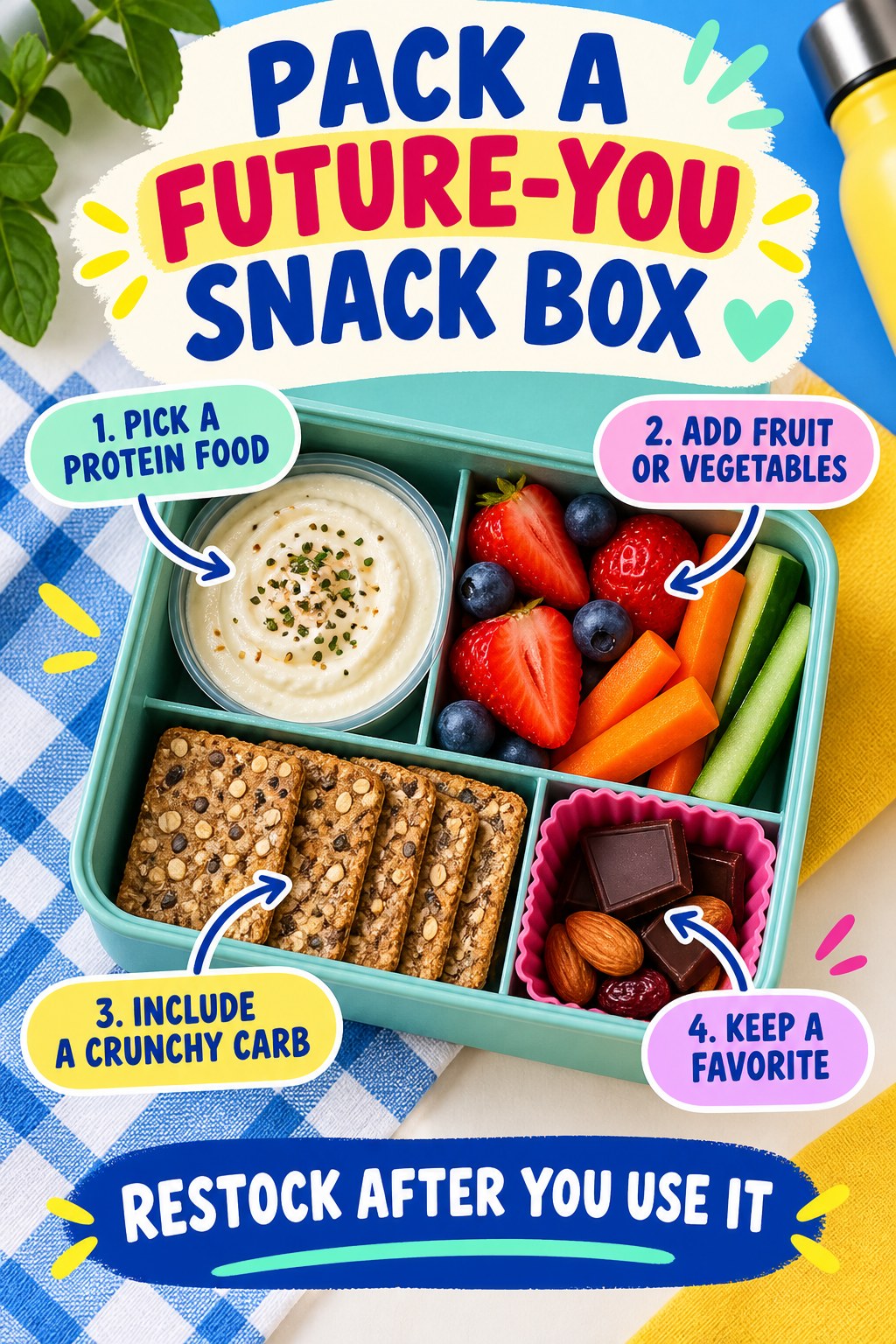Portrait snack-box infographic showing hummus, berries, carrots, cucumber, whole-grain crackers, and a favorite chocolate with four packing steps.