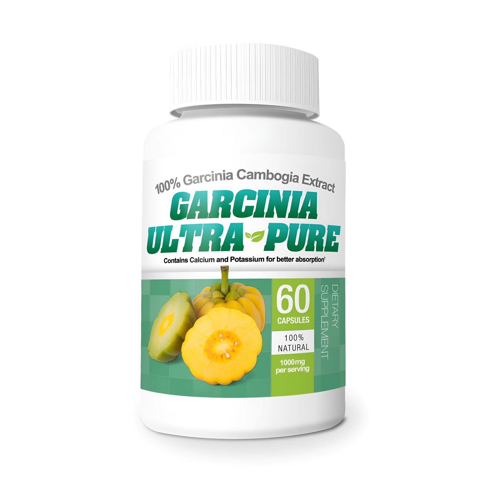 Garcinia Ultra Pure Garcinia cambogia extract supplement bottle with a green and white label showing 60 capsules