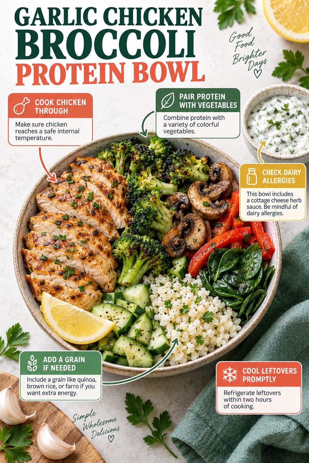 Garlic chicken bowl with broccoli, mushrooms, peppers, spinach, cucumber, cauliflower rice, lemon, and herb sauce.