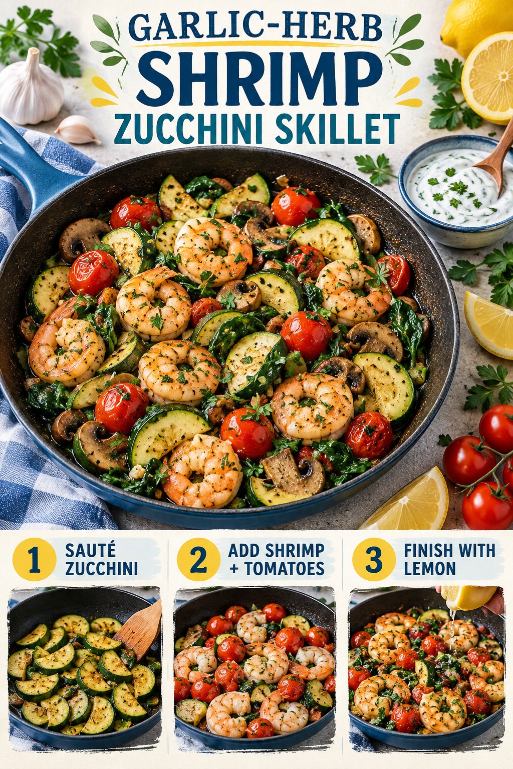 Garlic-herb shrimp skillet with zucchini, mushrooms, cherry tomatoes, spinach, lemon, parsley, and yogurt sauce.