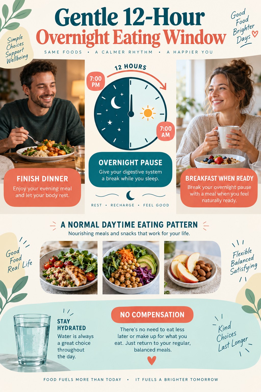 Portrait infographic with dinner, a 12-hour overnight clock, breakfast, balanced daytime meals, water, and a no-compensation reminder.