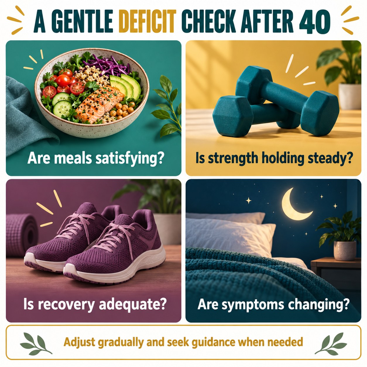 Four-panel infographic asking about meal satisfaction, steady strength, adequate recovery, changing symptoms, and gradual adjustment after 40
