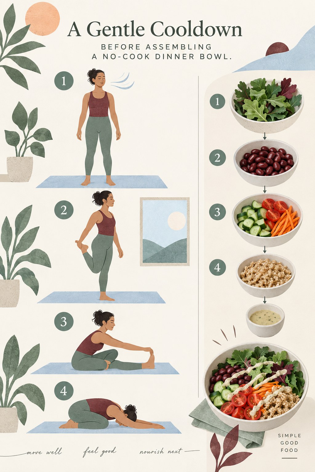 Paper-cut collage showing four gentle cooldown positions beside a no-cook bowl assembly with greens and beans.