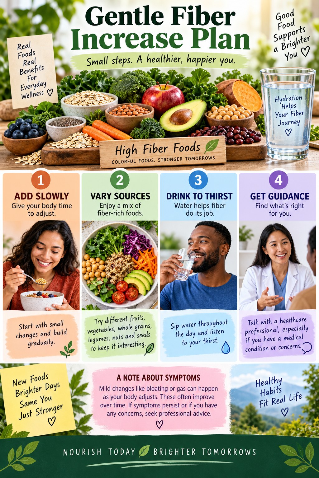 Portrait infographic showing a gentle fiber increase plan with high-fiber foods, water, gradual steps, varied sources, and medical guidance.