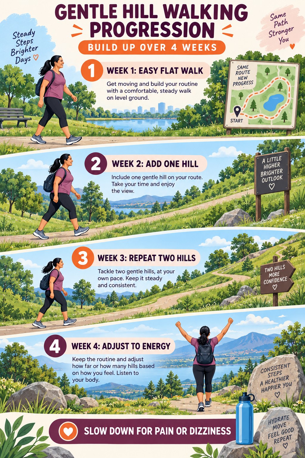 Hill walking progression infographic showing warm-up, short climbs, recovery, repeats, and cool-down.