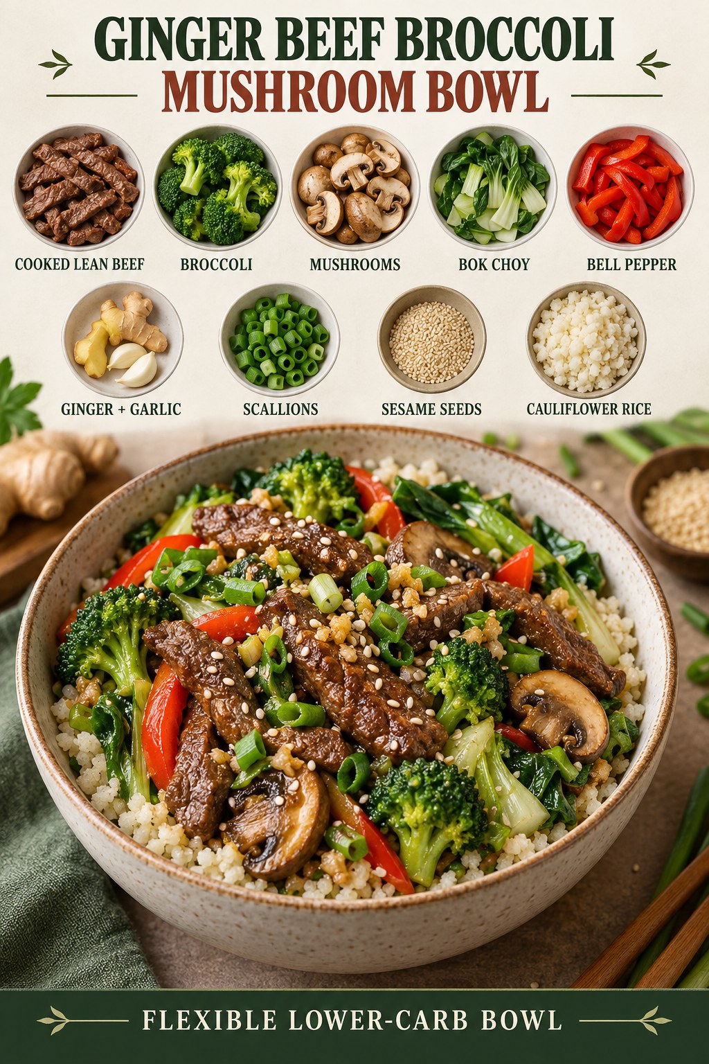 Ginger beef broccoli mushroom bowl with bok choy, bell pepper, scallions, sesame, and cauliflower rice
