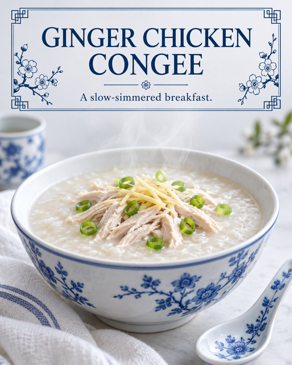 White rice congee topped with shredded cooked chicken, ginger, and scallions beside the headline Ginger Chicken Congee.