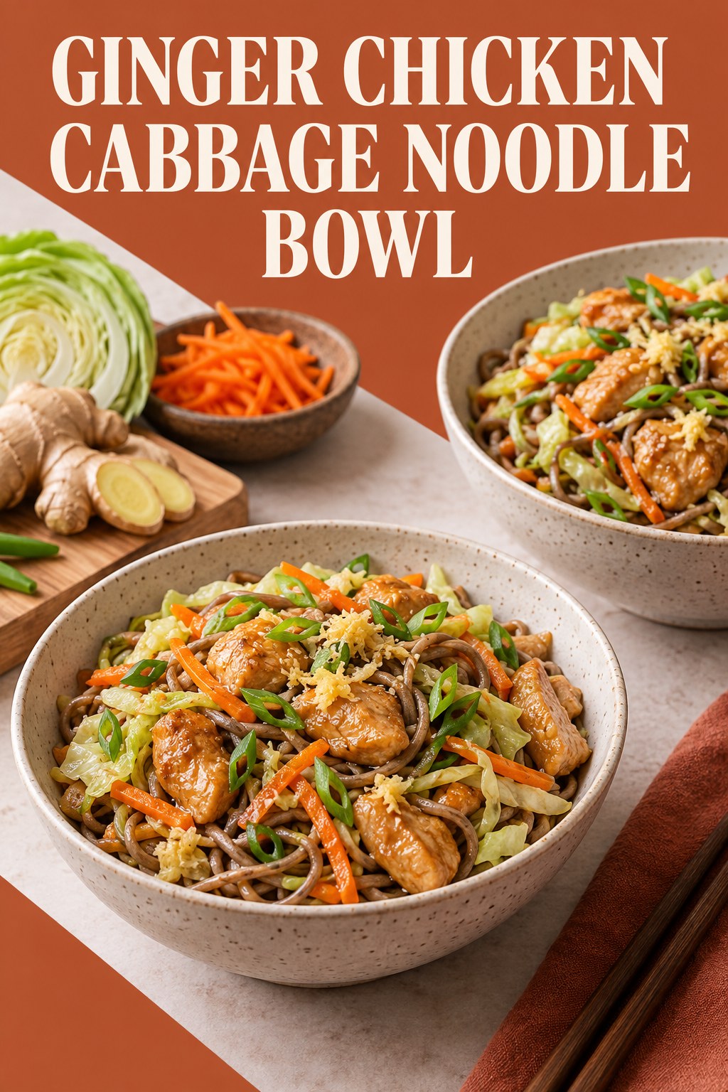 Two servings of ginger chicken cabbage noodle bowl made with chicken, soba noodles, and vegetables.