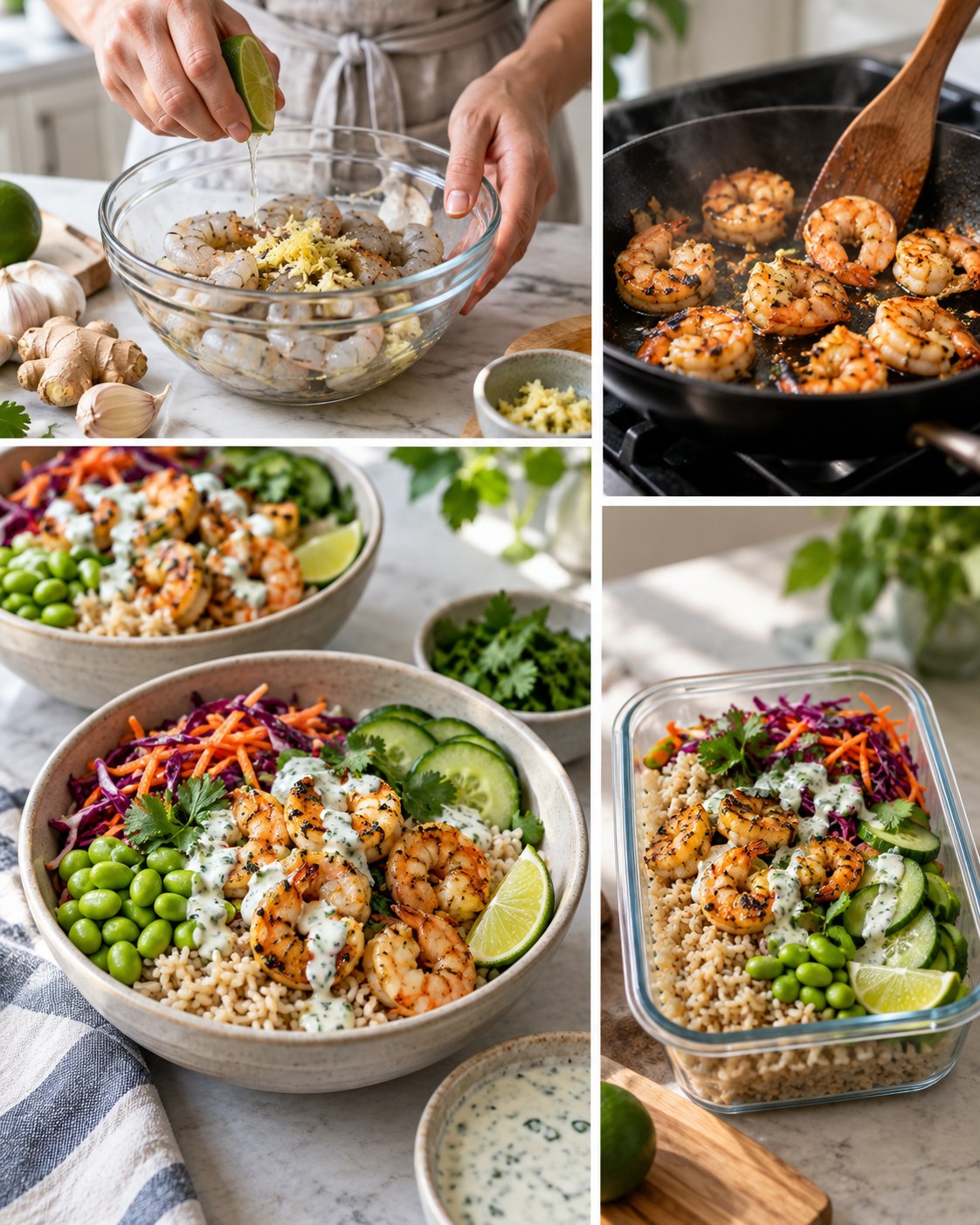 Ginger-lime shrimp bowls with brown rice, cabbage slaw, edamame, cucumber, herbs, and yogurt sauce