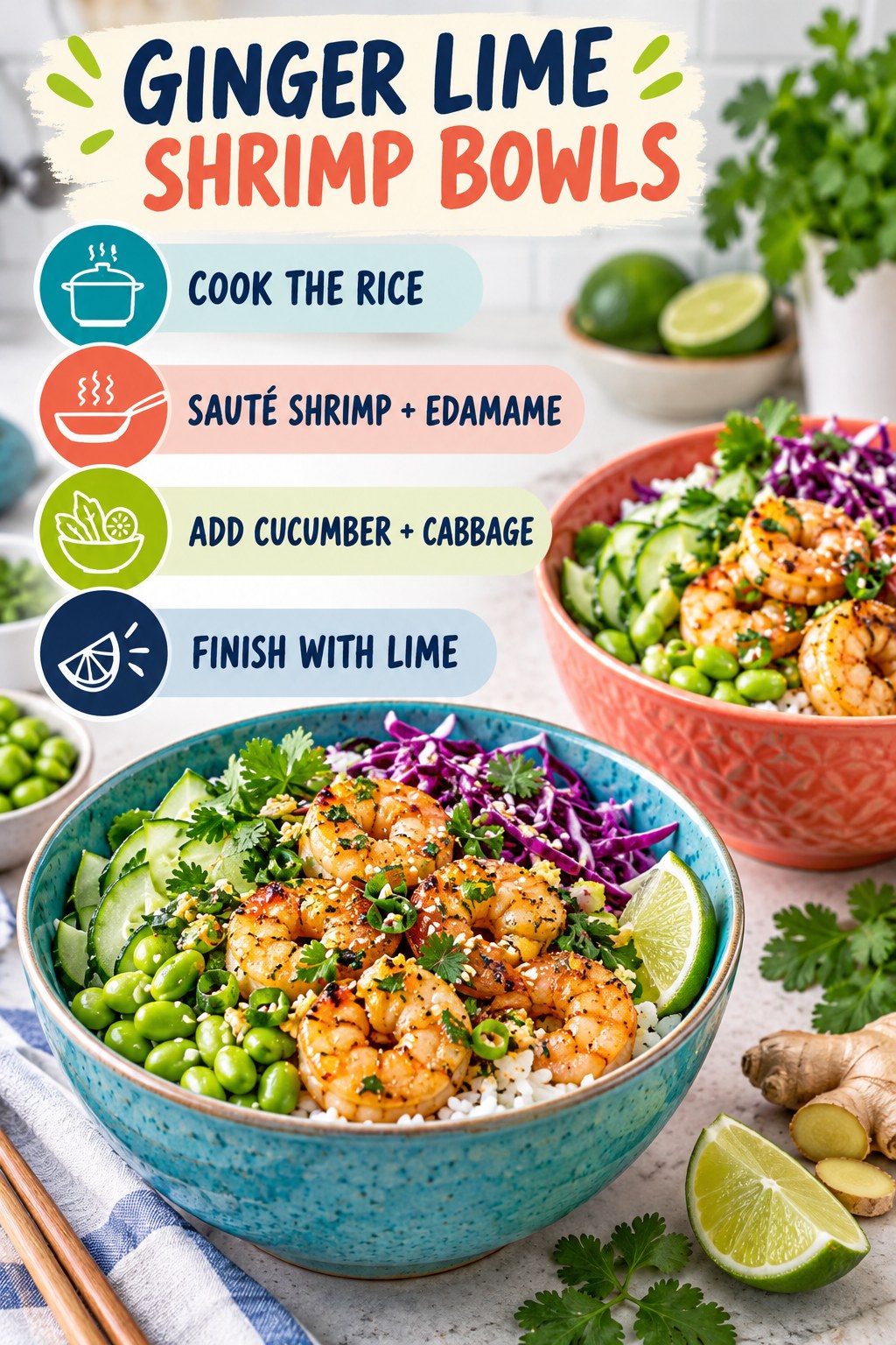 Ginger lime shrimp bowl infographic showing rice, shrimp and edamame, cucumber and cabbage, lime, and two finished bowls.