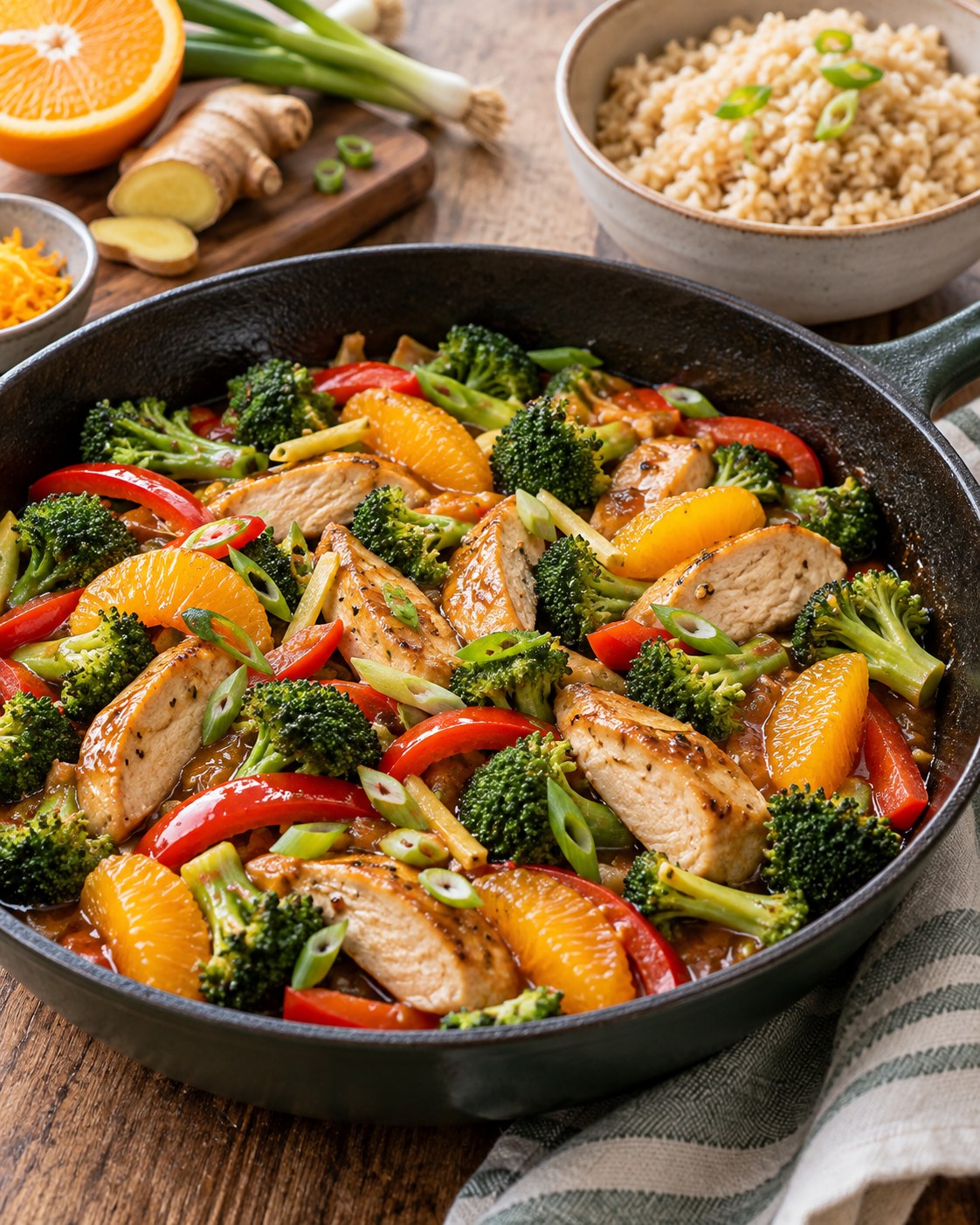 Ginger orange chicken skillet with broccoli, red pepper, scallions, orange segments, and brown rice nearby