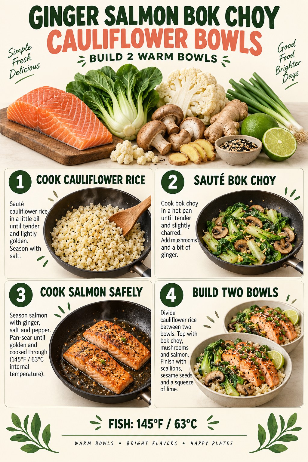 Ginger salmon bowl with bok choy, cauliflower rice, scallions, lime, and herbs.