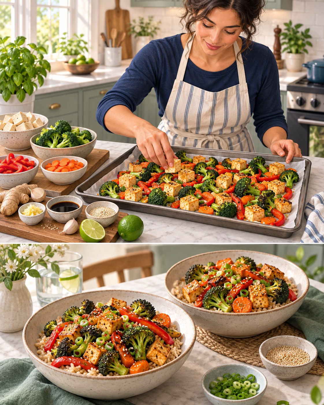 Woman roasting tofu, broccoli, peppers, and carrots and serving them over brown rice