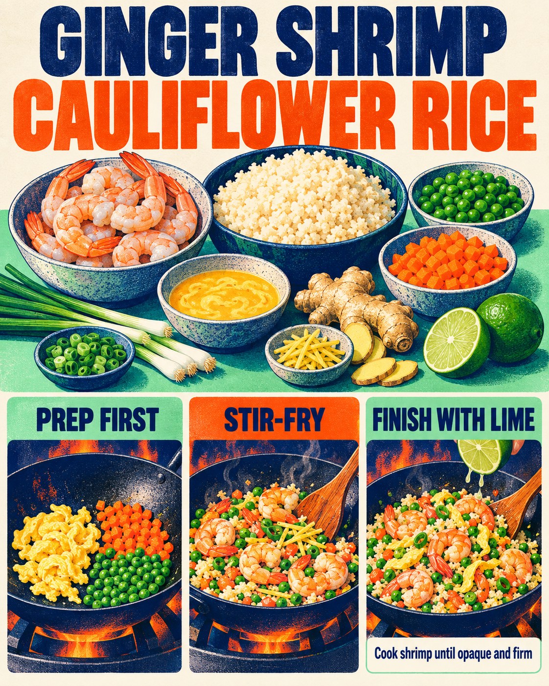 Indigo, orange, and mint English-only risograph infographic showing shrimp cauliflower rice with egg, peas, carrots, ginger, and lime.