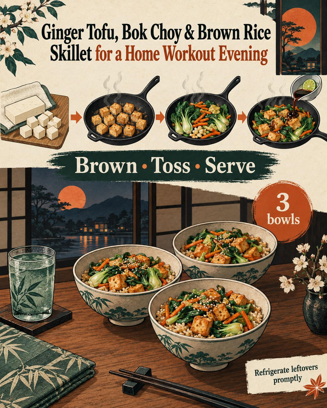 Woodblock infographic showing tofu, bok choy, carrot, ginger, skillet cooking, brown rice, and three dinner bowls.