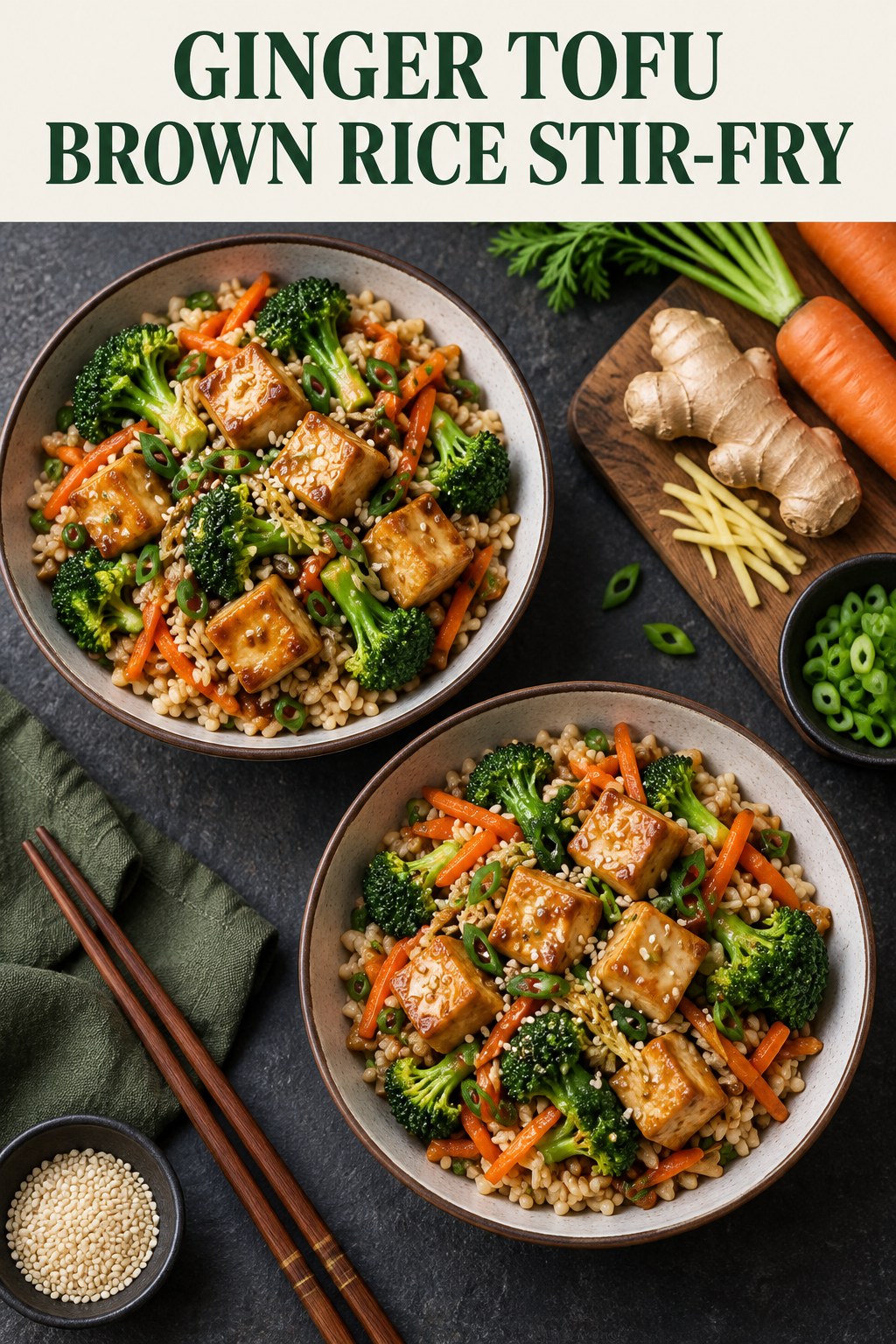Two servings of ginger tofu brown rice stir-fry made with tofu, brown rice, and vegetables.