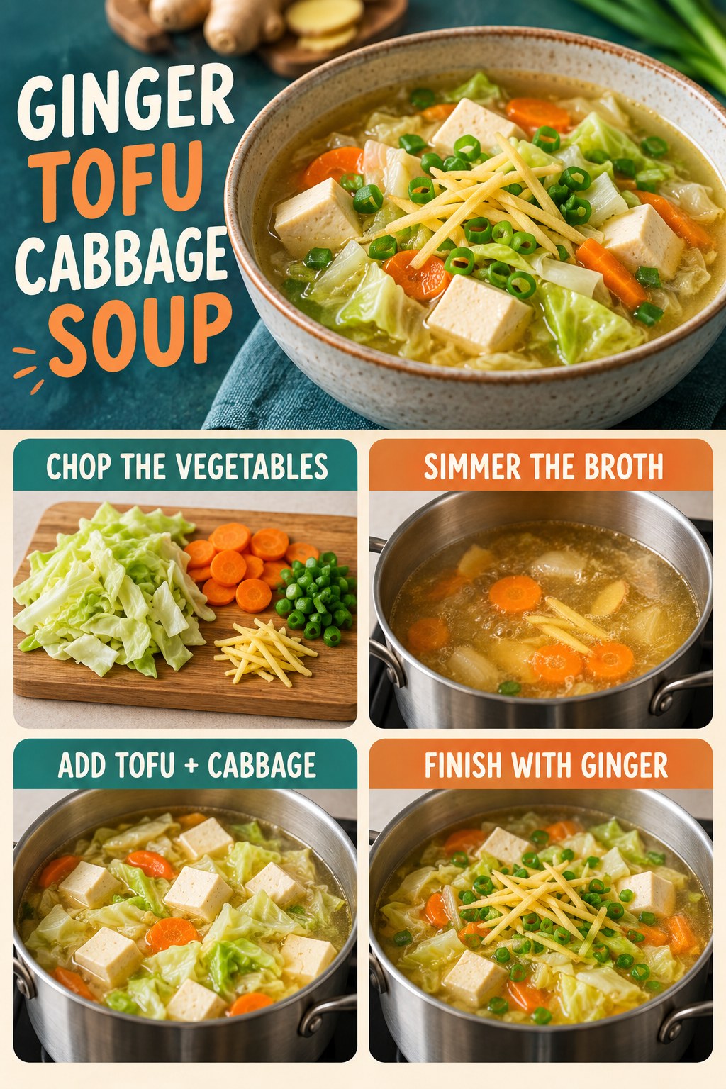 Ginger tofu cabbage soup infographic showing chopped vegetables, simmering broth, tofu, cabbage, and fresh ginger.