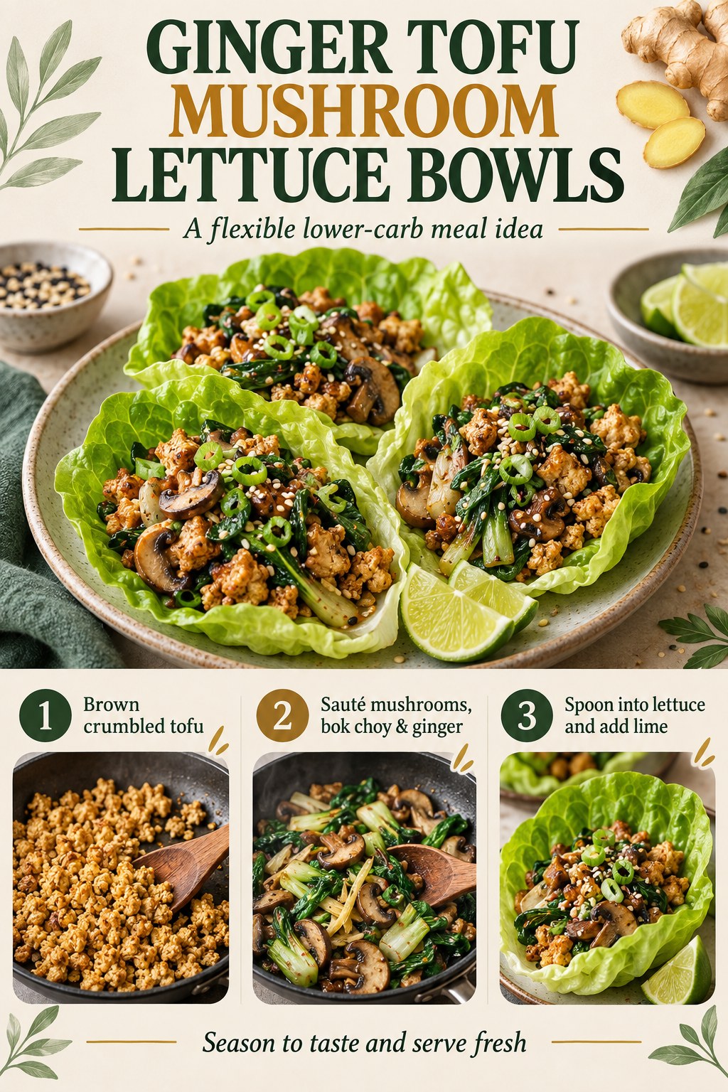 Ginger tofu mushroom lettuce bowls infographic with browned tofu, bok choy, scallions, sesame, lime, and three cooking steps.