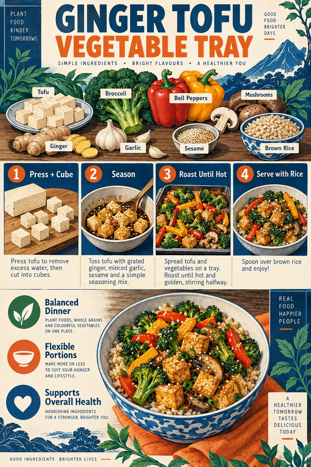 Portrait recipe infographic showing tofu, broccoli, peppers, mushrooms, ginger, garlic, sesame, brown rice, and four roasting steps.