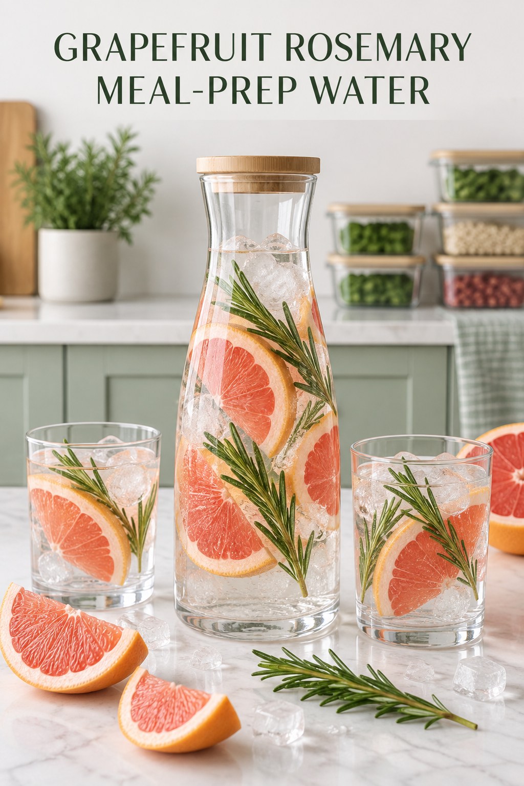 Lidded glass carafe and two glasses of infused water with pink grapefruit wedges, rosemary sprigs, and ice.