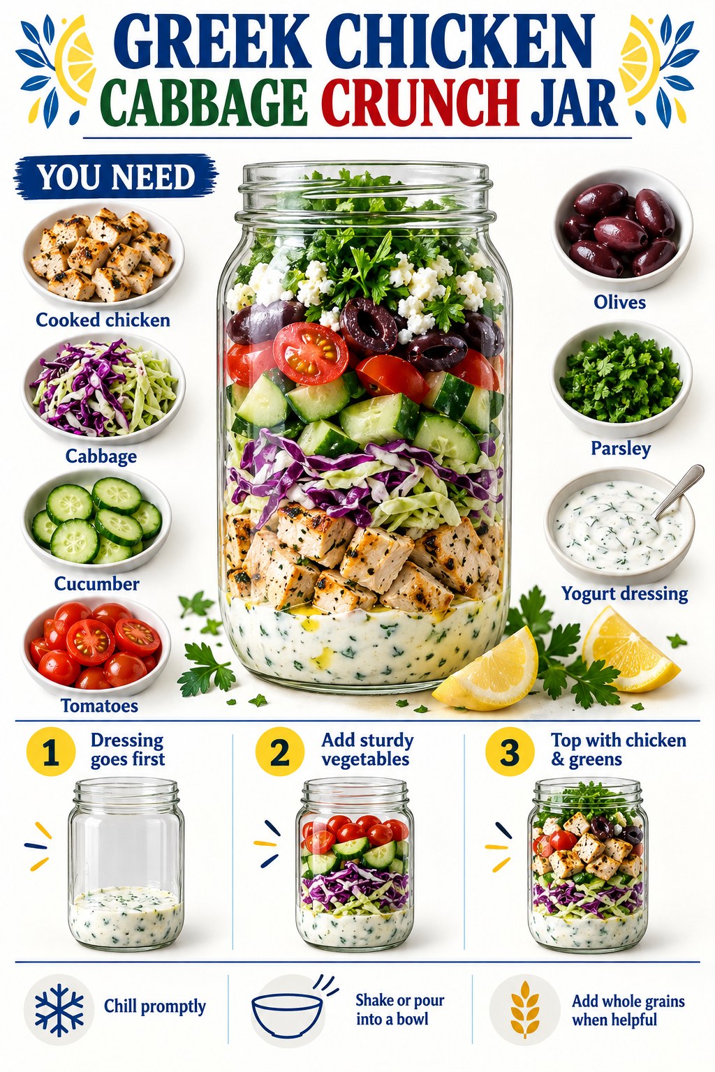 Greek chicken cabbage crunch jar infographic with cucumber, tomatoes, olives, parsley, yogurt dressing, and three steps.