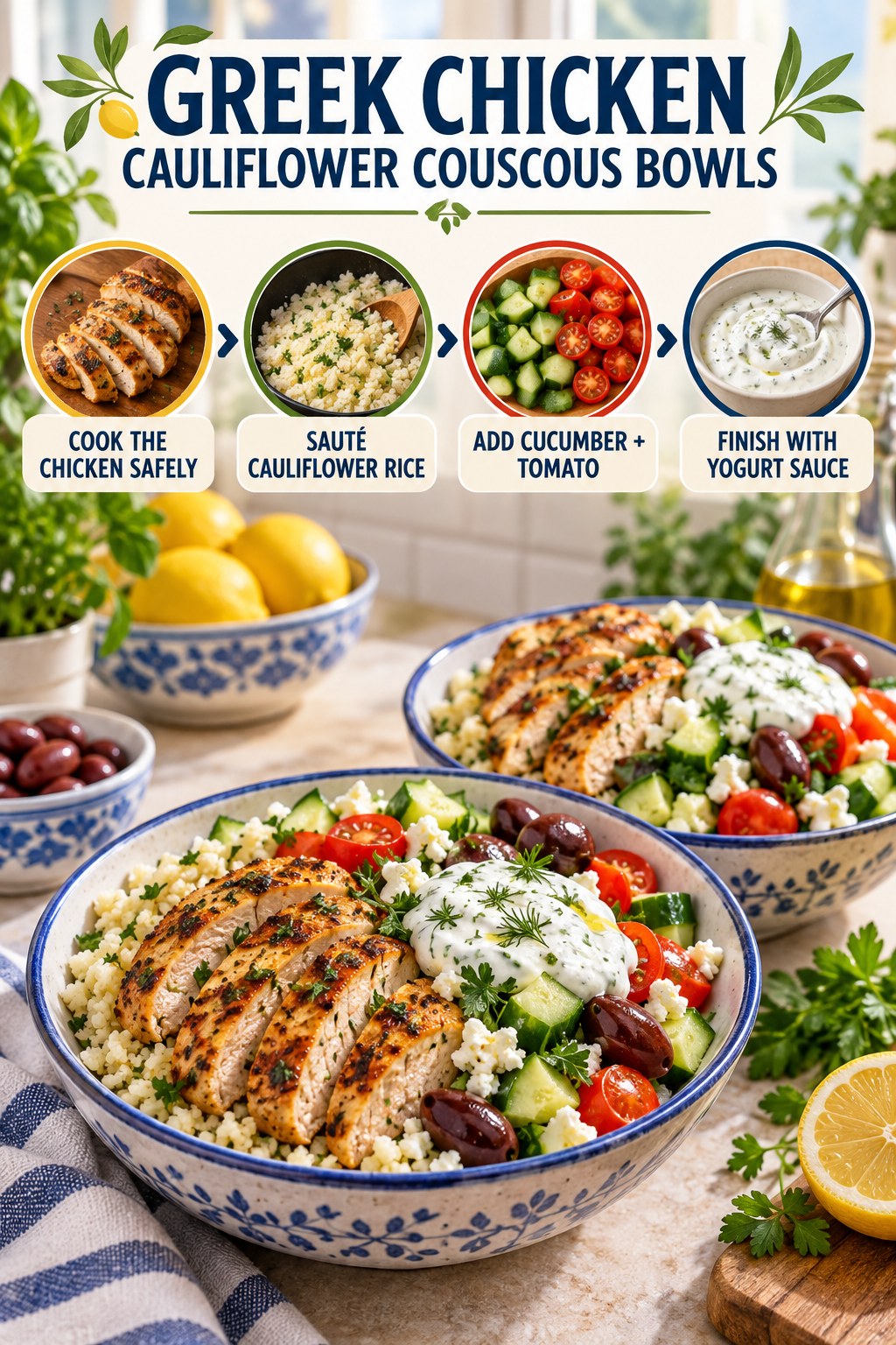 Greek chicken cauliflower couscous bowl infographic showing safe chicken cooking, cauliflower rice, cucumber and tomatoes, yogurt sauce, and two bowls.