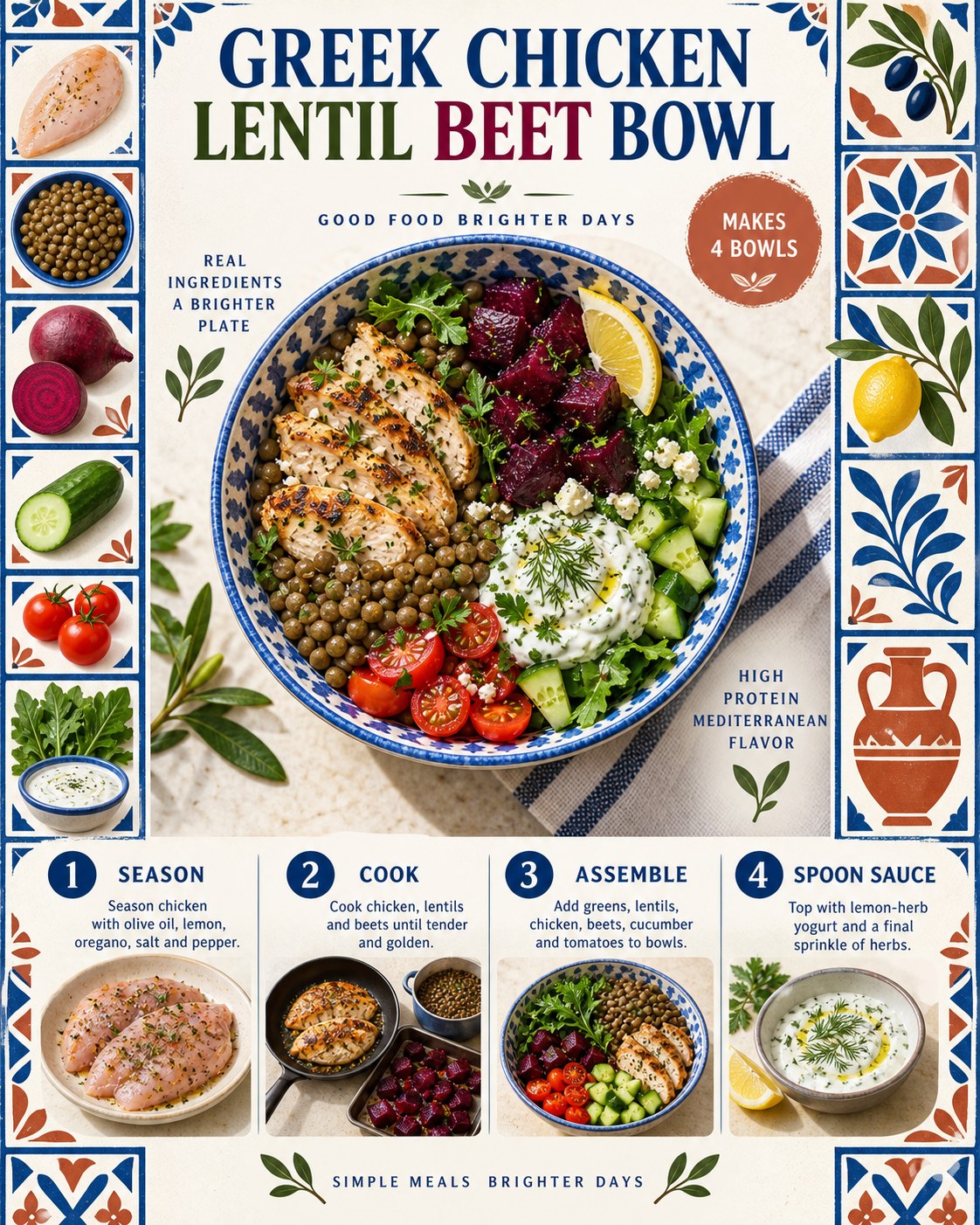 Cobalt, terracotta, beet magenta, olive, sand, and white ceramic-mosaic infographic for a Greek chicken lentil bowl.