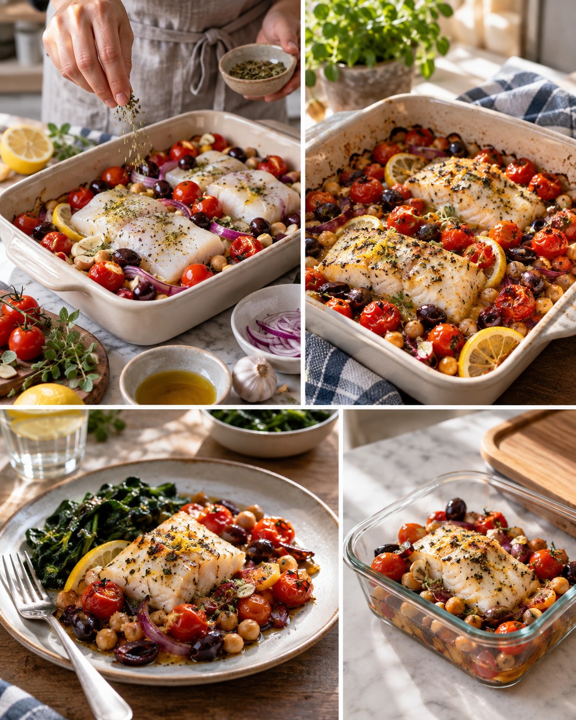 Baked cod with cherry tomatoes, chickpeas, olives, red onion, lemon, garlic, and oregano served with greens