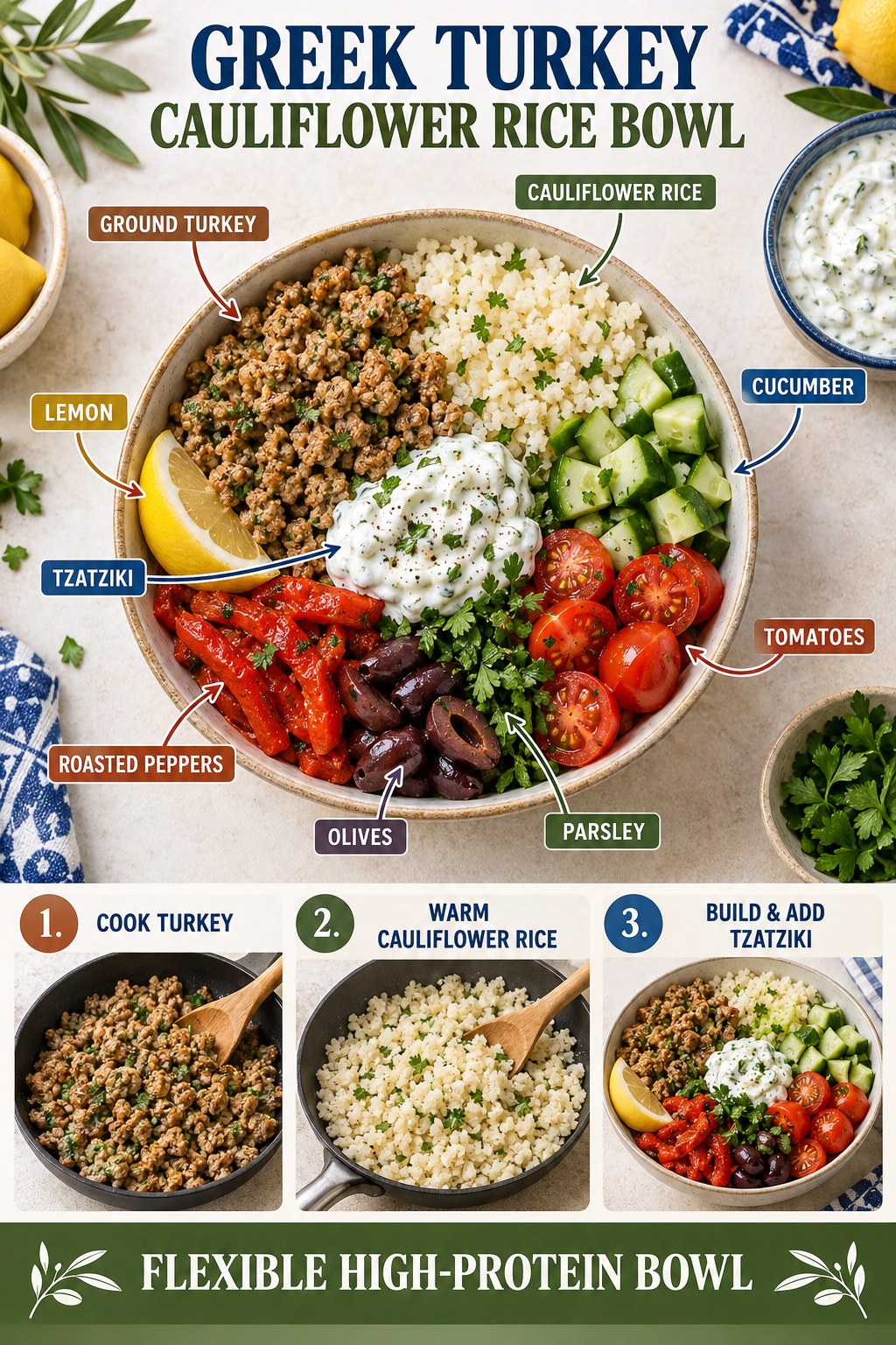 Greek turkey bowl with cauliflower rice, cucumber, tomatoes, roasted peppers, olives, parsley, lemon, and tzatziki.