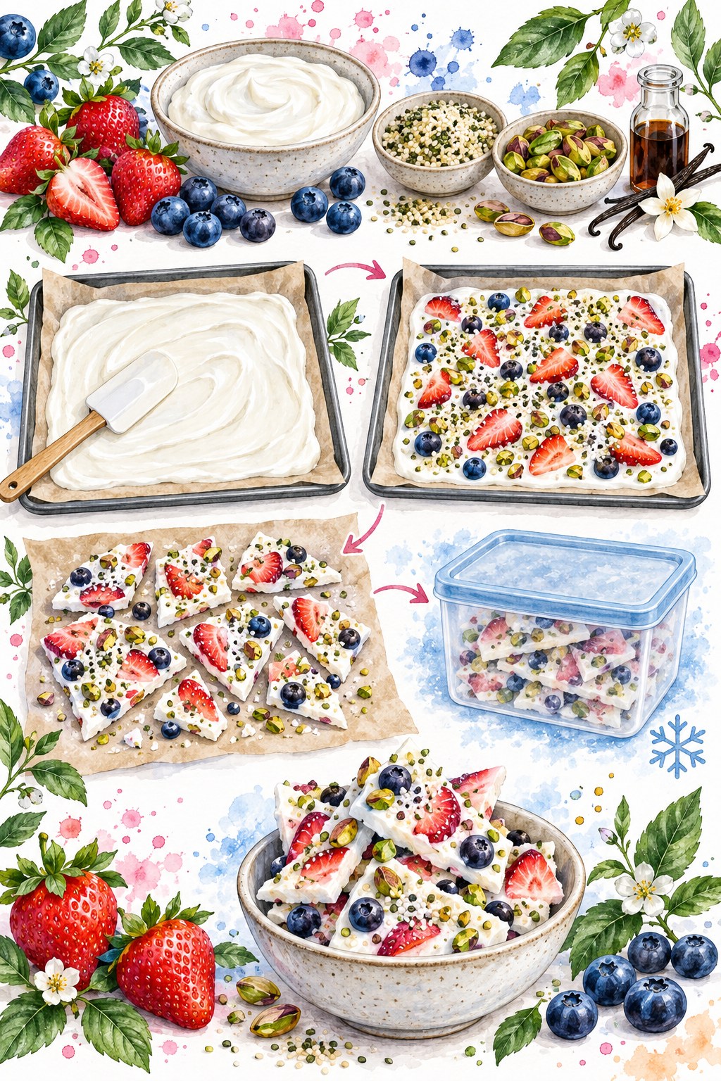 Vertical watercolor infographic showing Greek yogurt, berries, hemp hearts, pistachios, spreading, topping, freezing, breaking, and covered storage.
