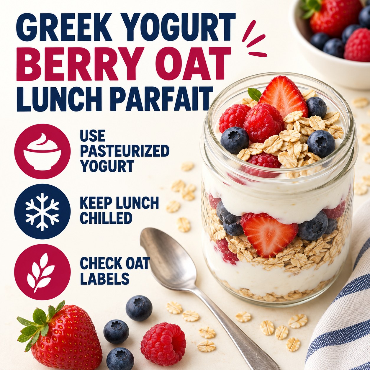 Infographic for a Greek yogurt berry oat lunch parfait with pasteurized yogurt, chilling, and oat label reminders