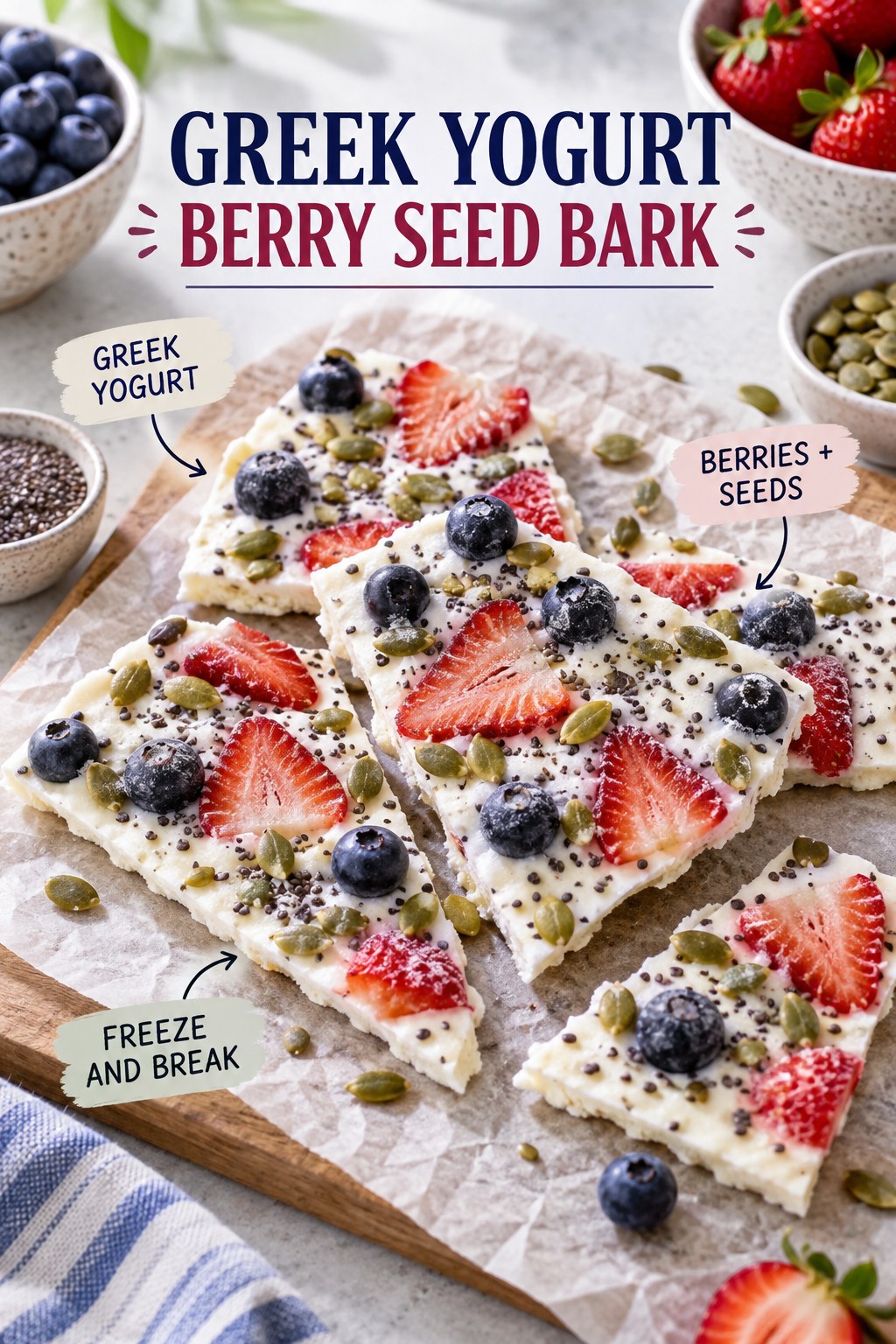 Greek yogurt berry seed bark with strawberries, blueberries, pumpkin seeds, and chia