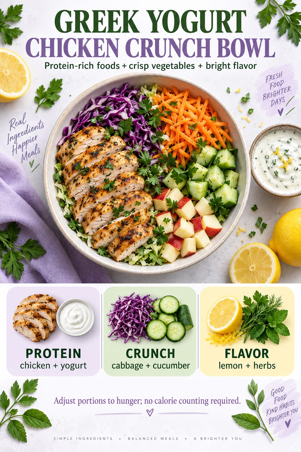 Chicken crunch bowl infographic with cabbage, cucumber, carrots, apple, herbs, lemon, and Greek yogurt dressing