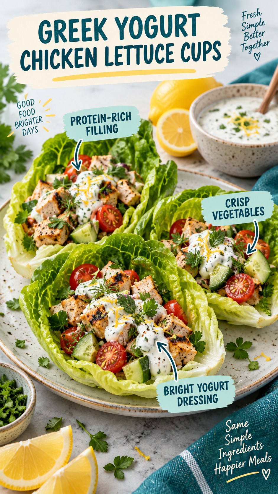 Teal and lemon infographic showing romaine cups filled with grilled chicken, cucumber, tomato, herbs, and Greek-yogurt dressing