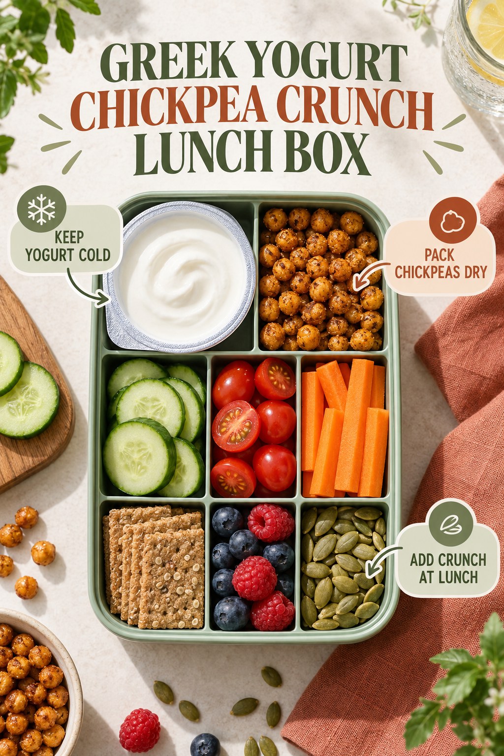 Overhead Greek yogurt and roasted chickpea lunch box with vegetables, berries, crackers, and pumpkin seeds