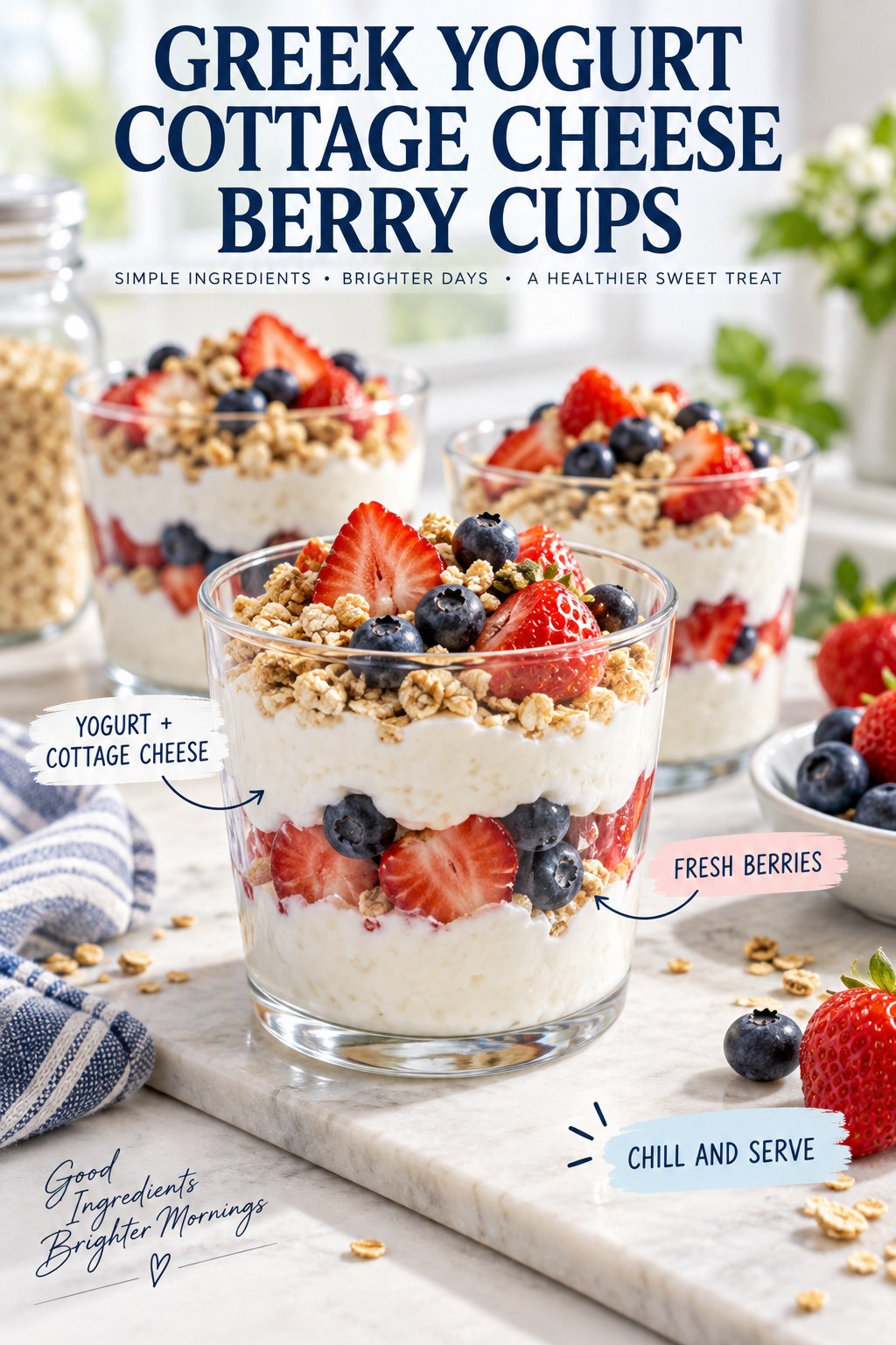 Greek yogurt cottage cheese berry cups with strawberries, blueberries, and oats