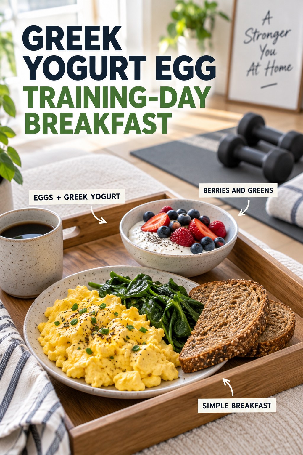 Greek yogurt egg training-day breakfast with berries, spinach, and whole-grain toast