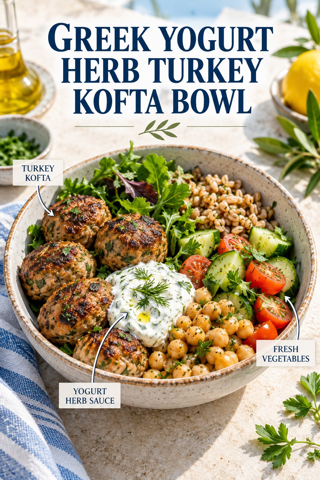 Greek yogurt herb turkey kofta bowl with cucumber, tomato, chickpeas, greens, and whole grain