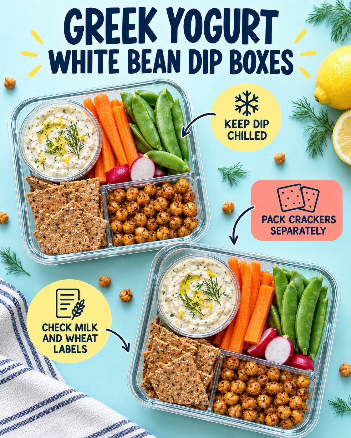 Two snack lunch boxes with Greek yogurt white bean dip, roasted chickpeas, carrots, snap peas, radishes, and crackers