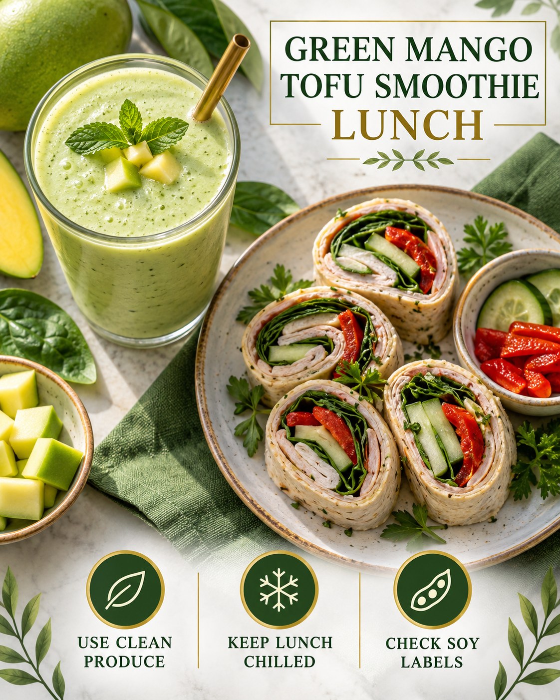 Green mango tofu smoothie beside cooked turkey spinach cucumber and roasted pepper pinwheels