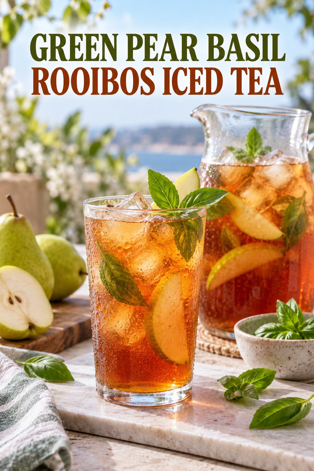 Portrait drink scene with green pear, fresh basil, ice, and a chilled glass of rooibos iced tea.
