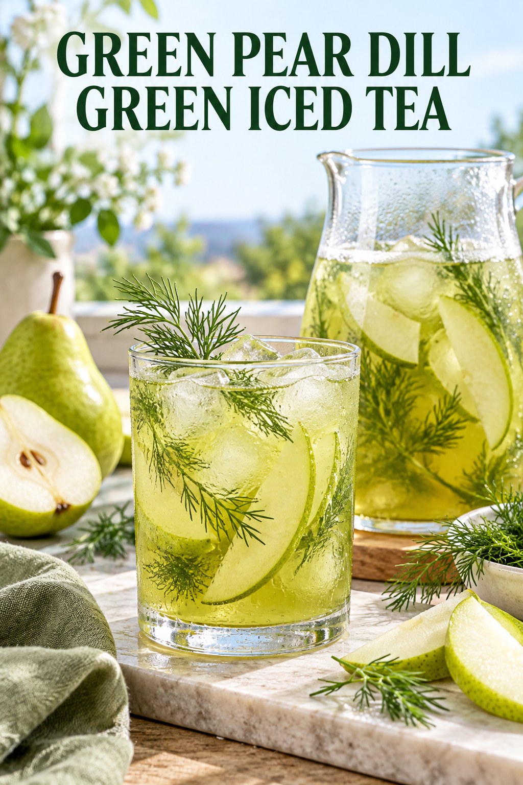 Portrait drink scene with green pear, fresh dill, ice, and a chilled glass of green iced tea.