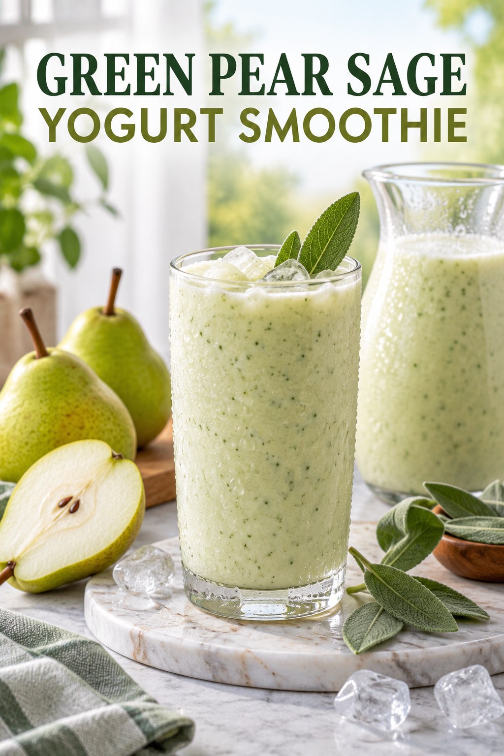 Portrait drink scene with green pear, fresh sage, ice, and a chilled glass of yogurt smoothie.