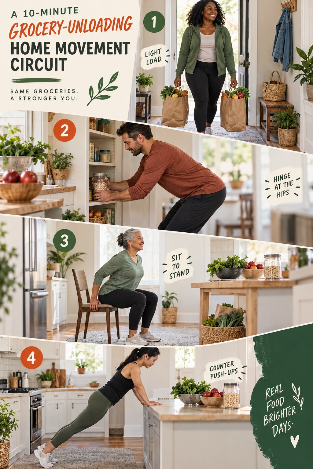 Four-part grocery unloading circuit with light bag carries, a hip hinge, sit-to-stands, and counter push-ups.