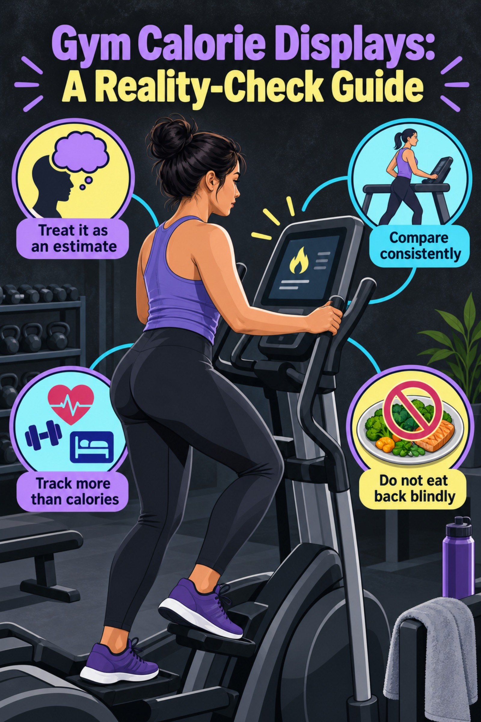 Close-up cardio-console diagram with an estimate label and context callouts. The image supports Gym Calorie Displays: A Reality-Check Guide.