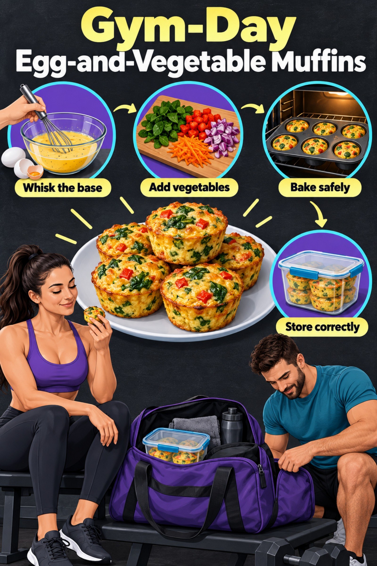 Recipe card showing egg muffins, vegetables, storage, and gym bag packing. The image supports Gym-Day Egg-and-Vegetable Muffins.