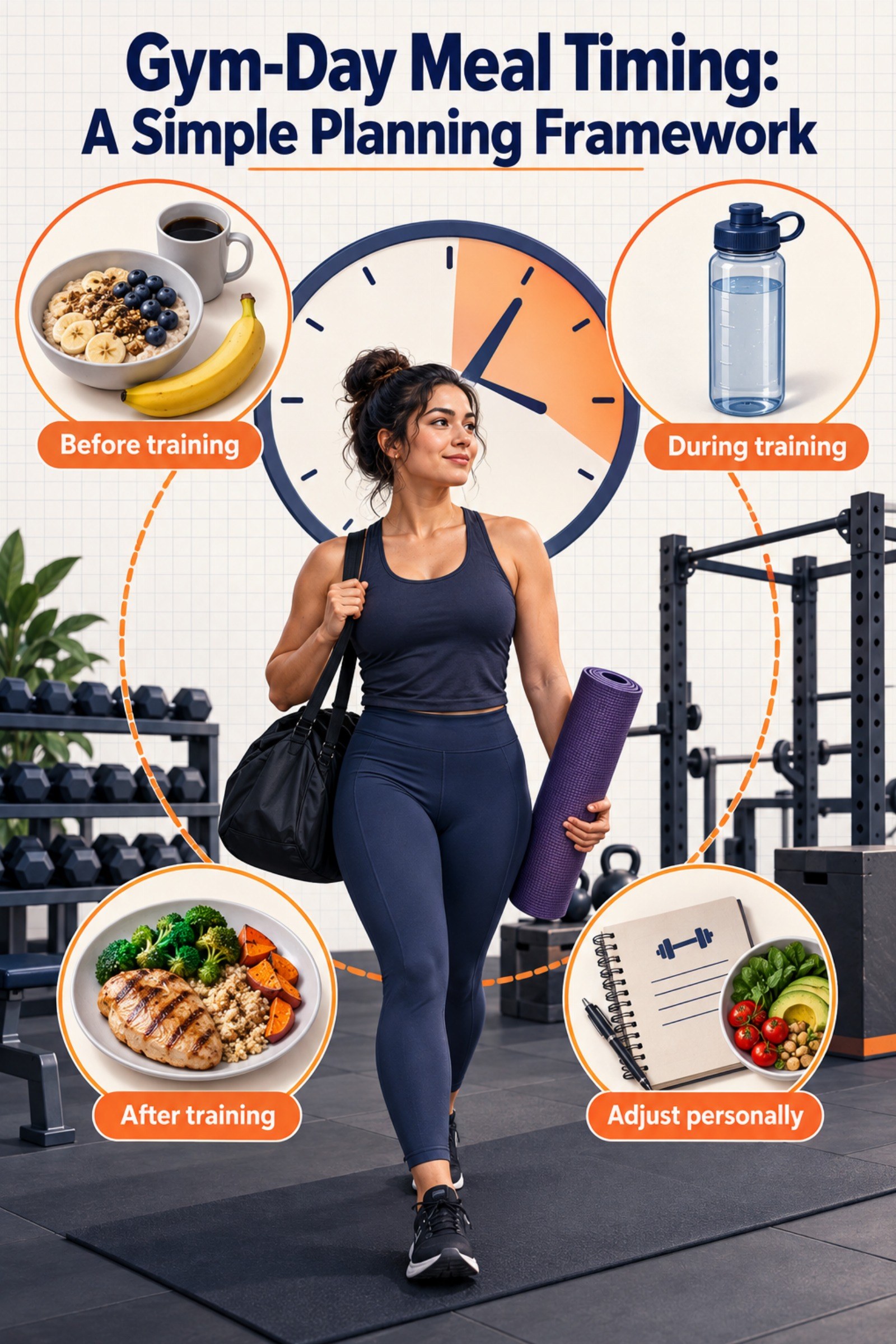 Clock-based meal planner around an evening gym session. The image supports Gym-Day Meal Timing: A Simple Planning Framework.