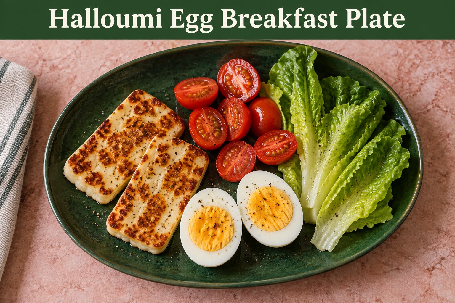 Halloumi slices egg halves tomatoes and romaine under the words Halloumi Egg Breakfast Plate.