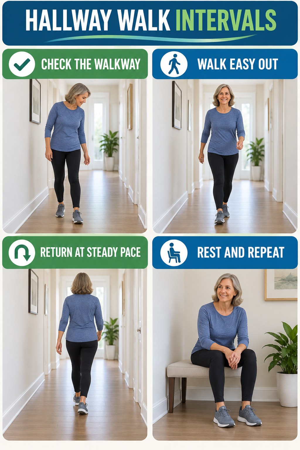Hallway walking interval infographic showing walkway check, easy outbound walk, steady return, seated rest, and repeat.
